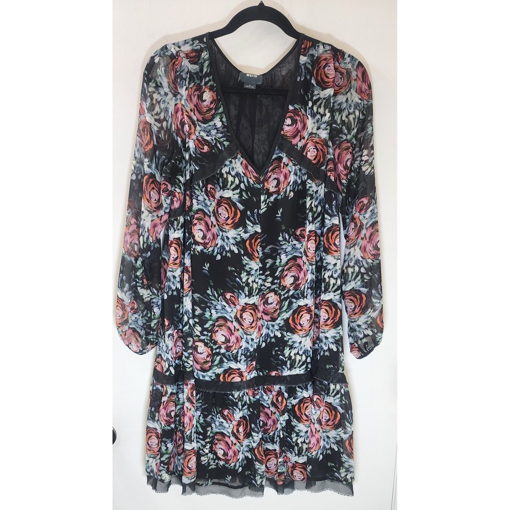 Maeve Anthropologie Floral Chiffon Mini Dress Black Pink Polka Dot Trim Small
